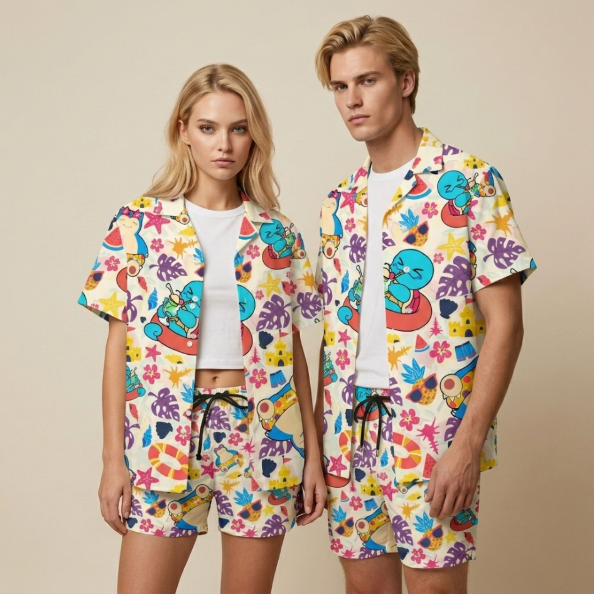 Alternative view of Snorlax Squirtle Anime Hawaiian Shirt